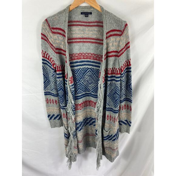 American Eagle Patterned Fringe Longline Knit Cardigan Size Medium - Picture 1 of 6